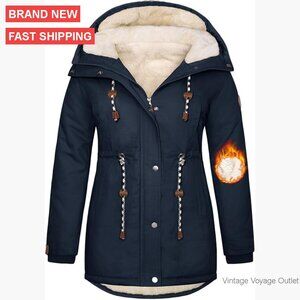 Plus Size Winter Parka Coat Fleece Lined Hoody Windproof Knee Length